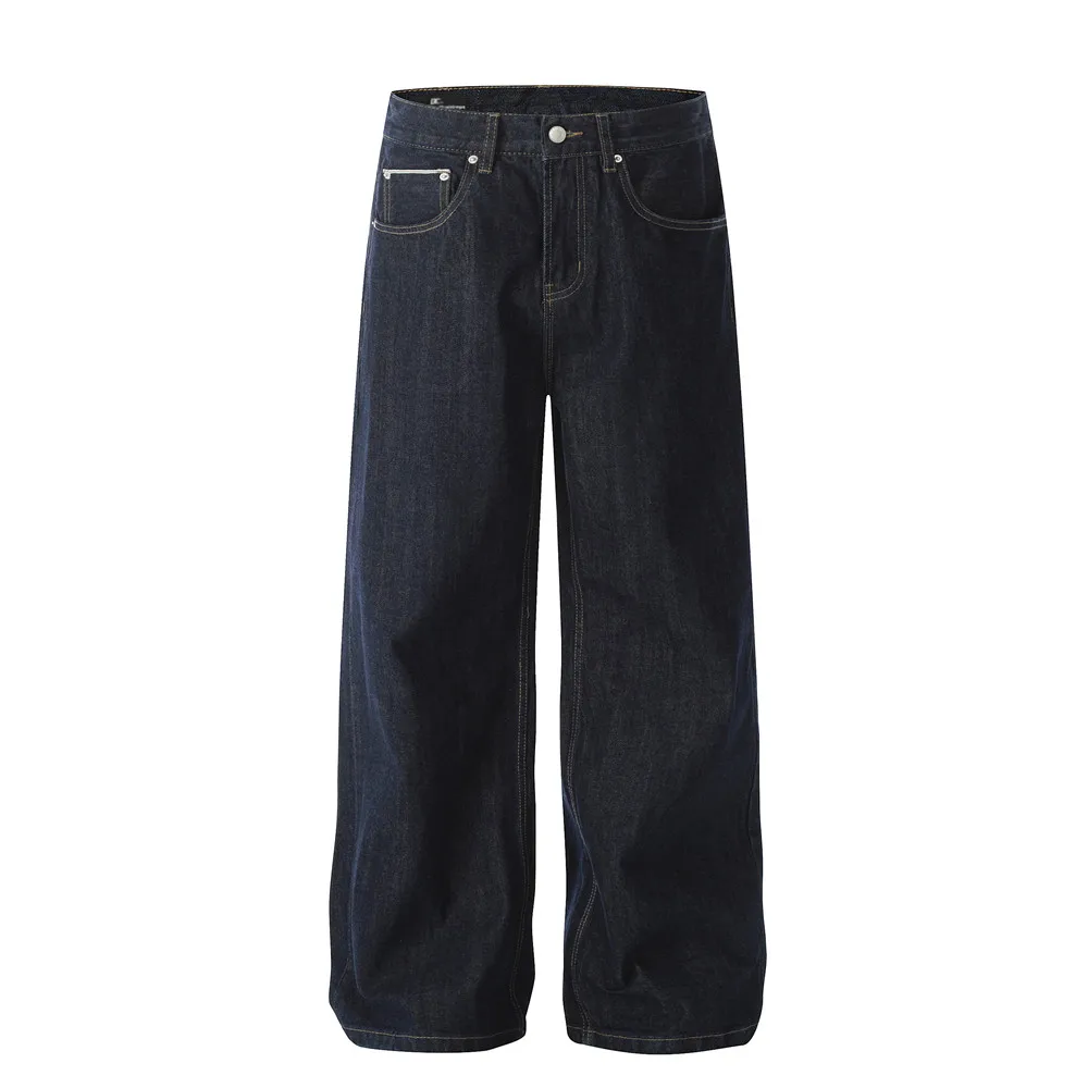 Pocket Raw Denim Hosen Herren Einfarbig Retro High Street Gerade Breite Bein Dunkle Jeans Männer – Detail 8