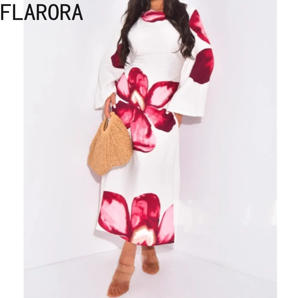 FLARORA Elegant Flower Printing Dress Woman Round Neck Flared Long Sleeved Bandage Girdling Dresses Fairy Party Vestido 2025 New
