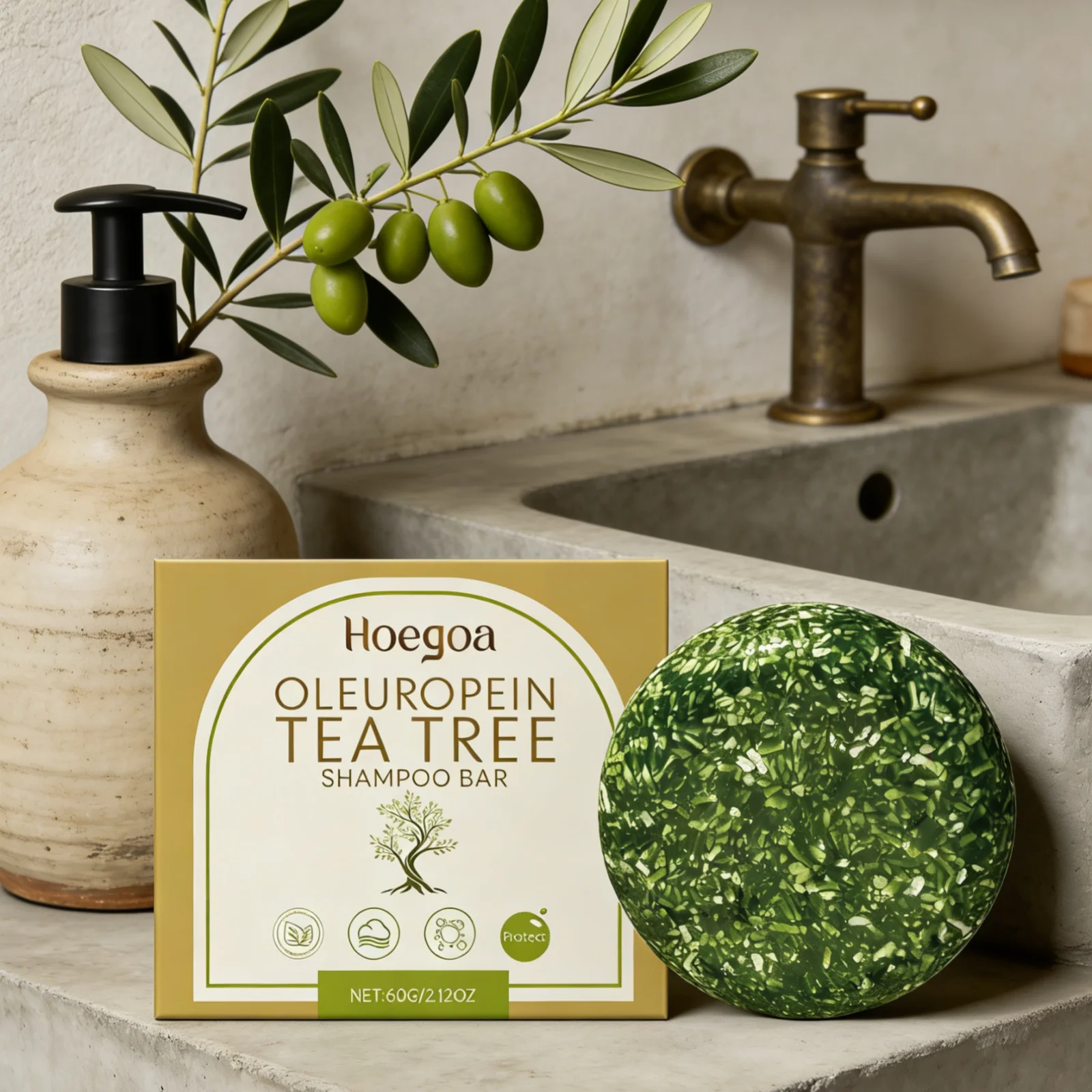 Hoegoa Oleuropein Tea Tree Shampoo Bar Gentle Cleansing Strengthen Hair Roots Add Shine Moisturize Hair Smooth Solid Shampoo Bar