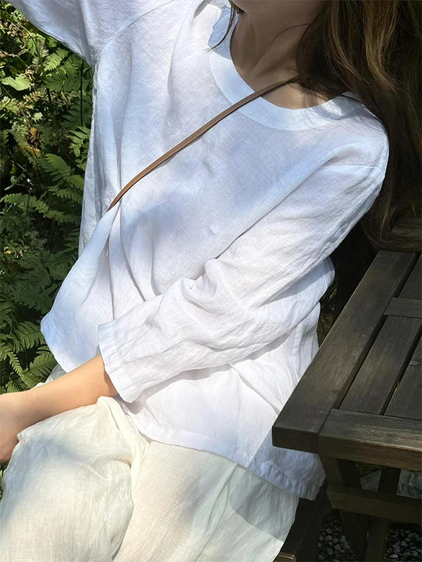 

White Linen Cotton Blend T-irt Women's Summer Thin Loose Fit Lazy Versatile round Ne Svel Top Commute Sle