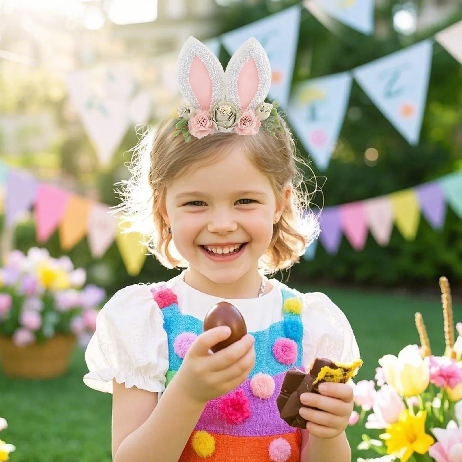 Squiggle Clip Bunny Rose Ears عيد الفصح عصابات الرأس للفتيات الصغيرات زهرة تاج الربيع عصابات الرأس مقاطع كبيرة #4