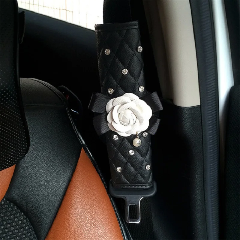 Camellia Flower Car Interior Accessories Crystal Leather Steering Wheel Cover Seat Belt Shifter Cover Auto Headrest Mirror Case