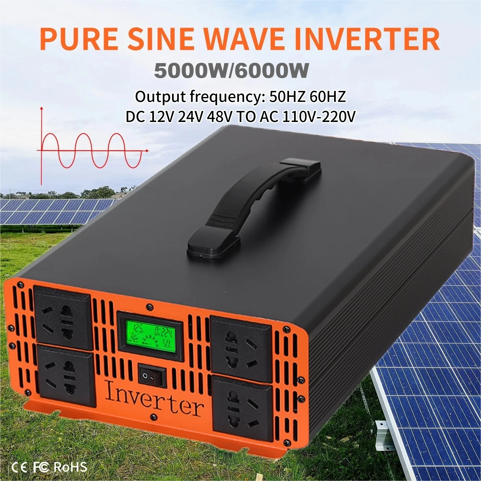 Inverter 12V 110V Pure Sine Wave Portable Power Bank Solar Inversor 5000W 6000W DC 24V 48V 60V To AC220V 230v 110V Car Converter