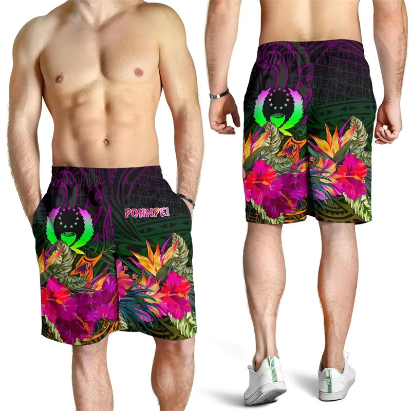 Pohnpei Men's Shorts Hawaii Beach Short Trunks Summer Hibiscus Swim Trunks Gym Ice Shorts Boy Polynesian Floral Board Short Pant