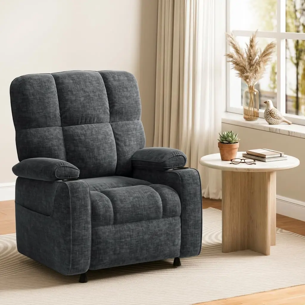 Power Recliner Chair, One-Touch Synchronized Reclining, Chenille Fabric Electric with Remote USB Cup Holder Side Pockets, Living