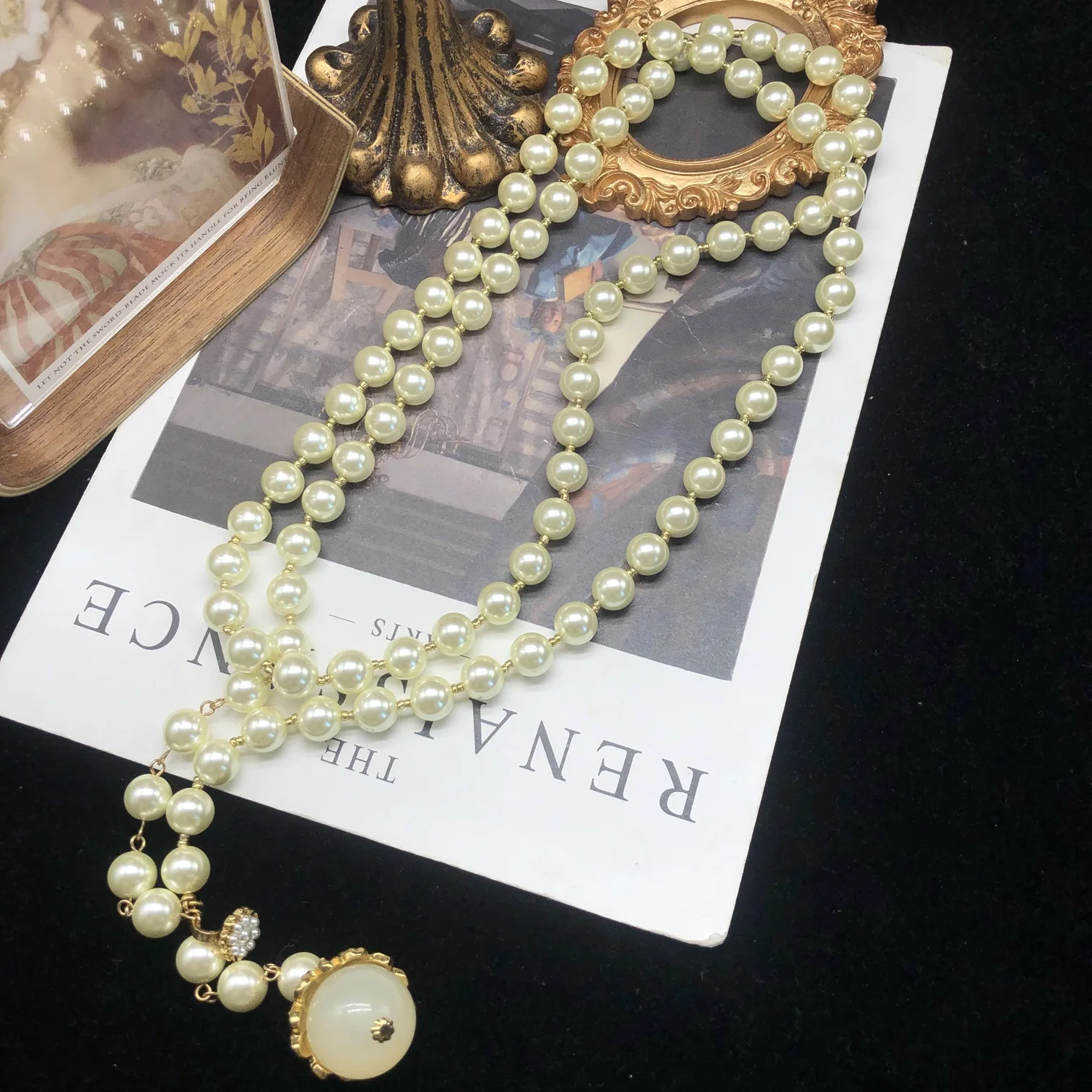 Retro glass pearl long fashion personality  multi-layer clavicle chain sweater chain necklace temperament
