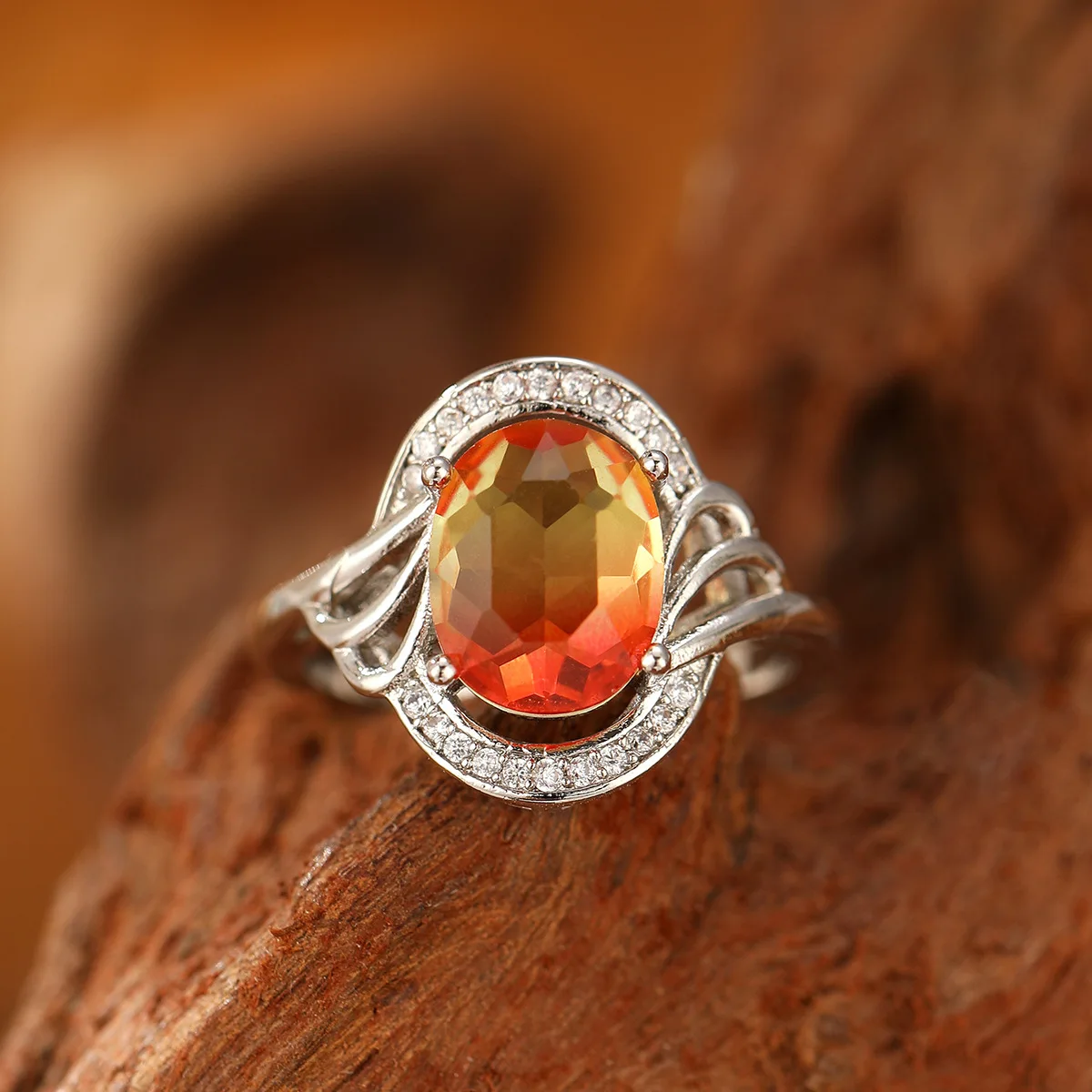 Luxury Tourmaline Finger Rings for Women Female Gradient Orange 925 Sterling Silver Bridal Wedding Fashion Jewelry Accessory
