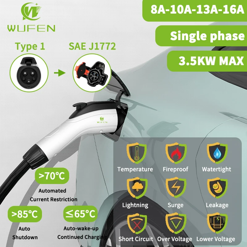 WUFEN J1772 แบบพกพาไฟฟ้า Charger 3.5kw 16A 1 เฟสชาร์จปืน EV Charger Type1 EU Plug สําหรับ US ยี่ห้อรถยนต์ในยุโรป