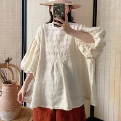 Johnature Mori Lace Top Retro Flower Bud Sleeve Doll Shirts 2024 Spring New Japanese Style Ramie Loose Solid Color Women Blouses