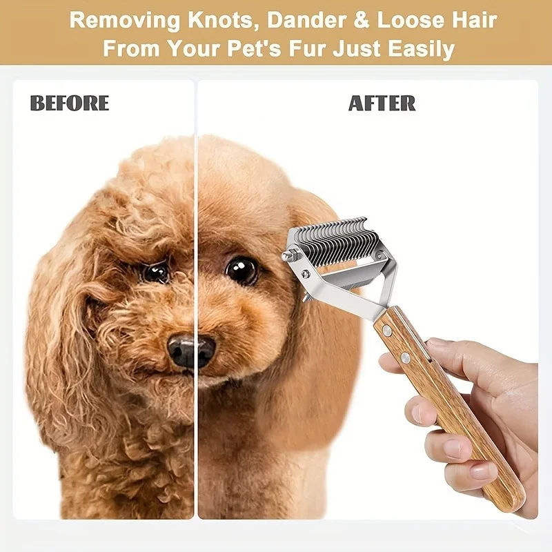 Dog Grooming Brush - Stainless Steel Dematting Comb & Undercoat Rake with Ergonomic Wooden Handle
