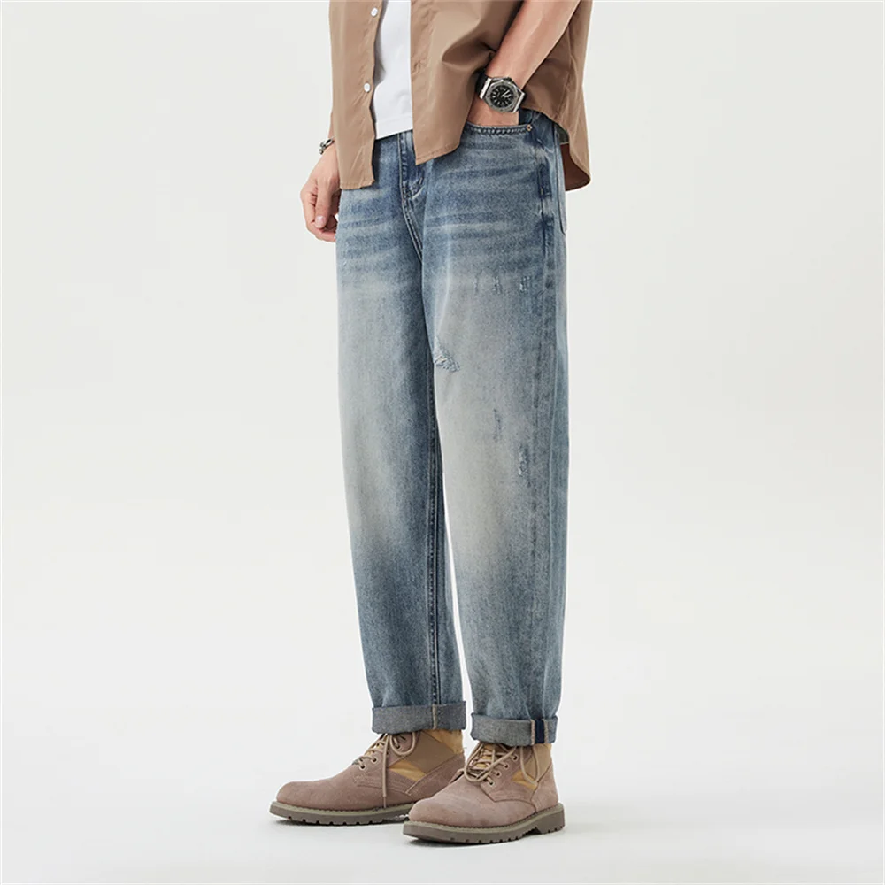 

2025 Новые мужские летние джинсы, свободные широкие джинсы в стиле ретро, мужские повседневные зауженные прямые джинсы, модная уличная одежда