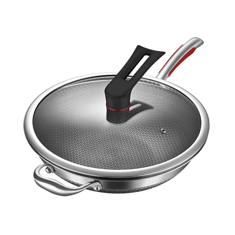 Stainless Steel Wok Honeycomb Non-Stick Pan Full Screen Uncoated Flat Bottom Frying Pan Spoon Universal for Gas Stove