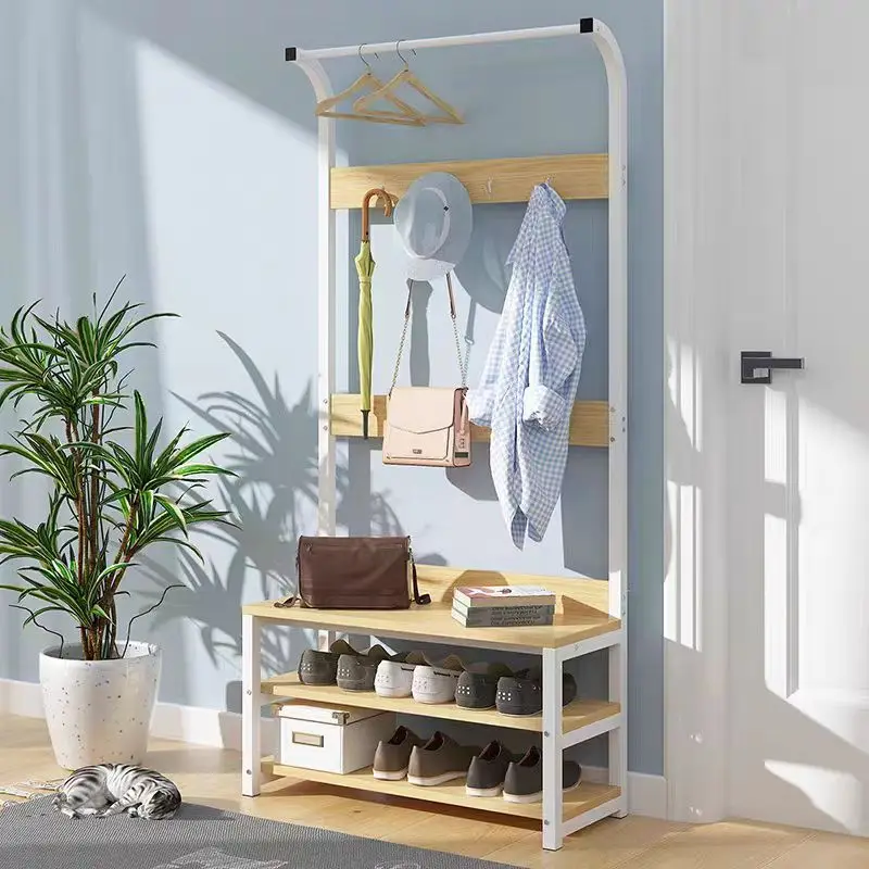 Multifunctional wood storage cabinet with coat rack shoe shelf bedroom living room modern hanger storage space saving