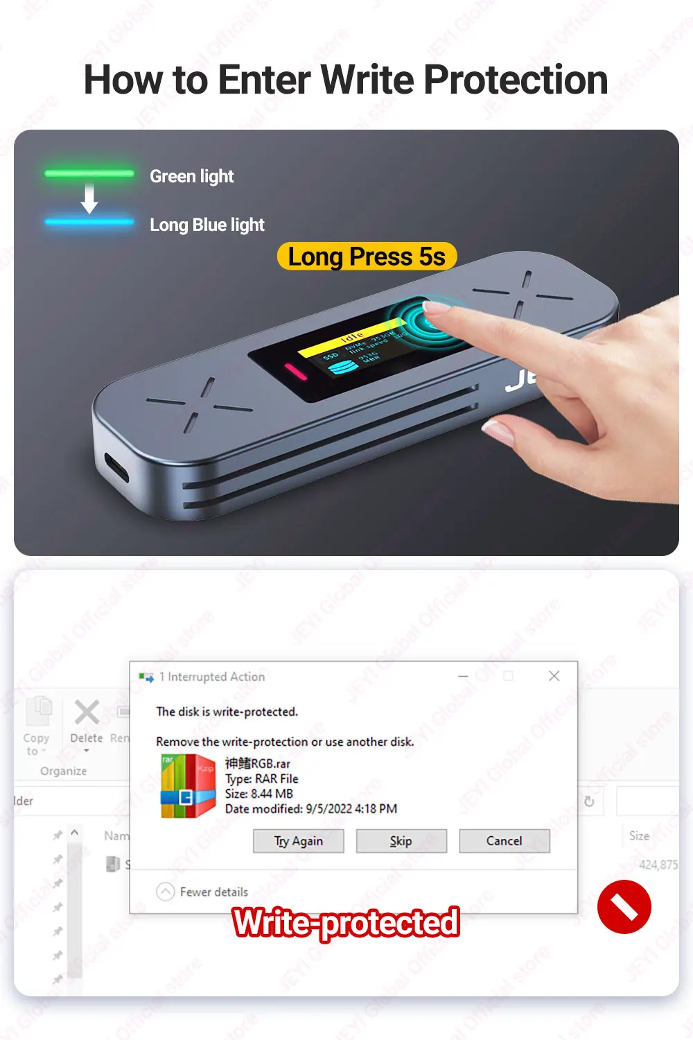 JEYI M.2 NVMe/SATA SSD Smart Display Gehäuse USB 3.2 10Gbps Tragbares Externes M2 Adaptergehäuse Unterstützt M-Key B+M Key UASP Trim – Detail 6