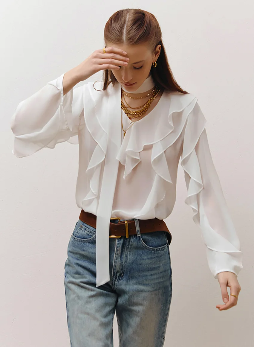 

Прозрачная элегантная блузка с оборками, женская летняя одежда, 2025 г., модные рубашки с пышными рукавами и v-образным вырезом, блузки, женские повседневные топы, уличная одежда
