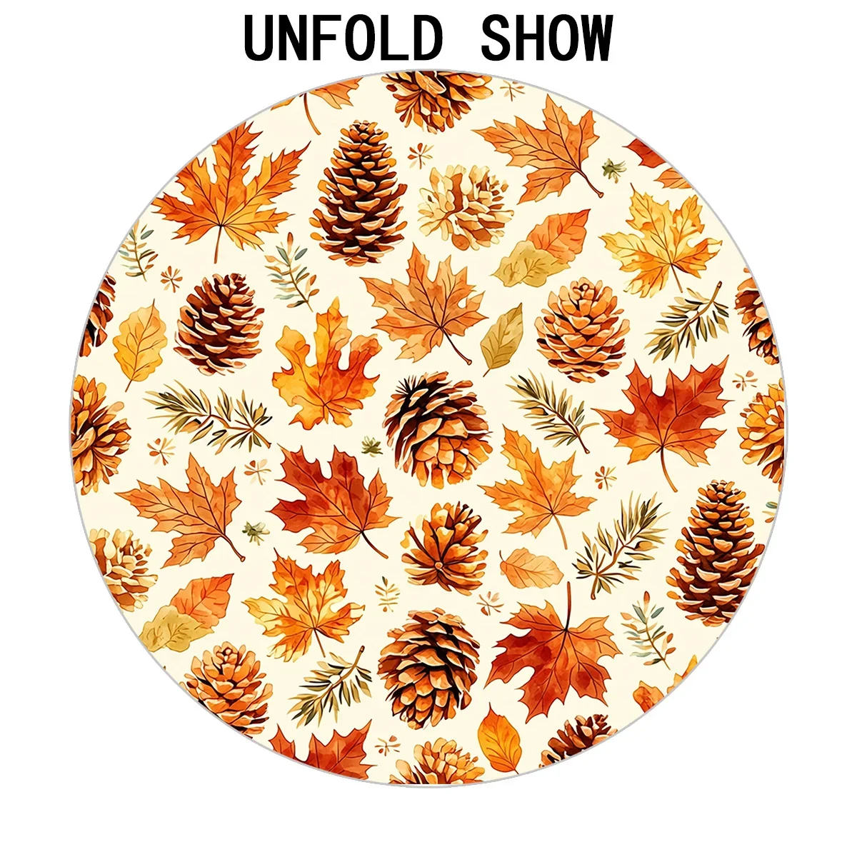 1 piece of circular tablecloth in 2D flat printing, featuring patterns of autumn maple leaves, pinecones and tree branchesxzj