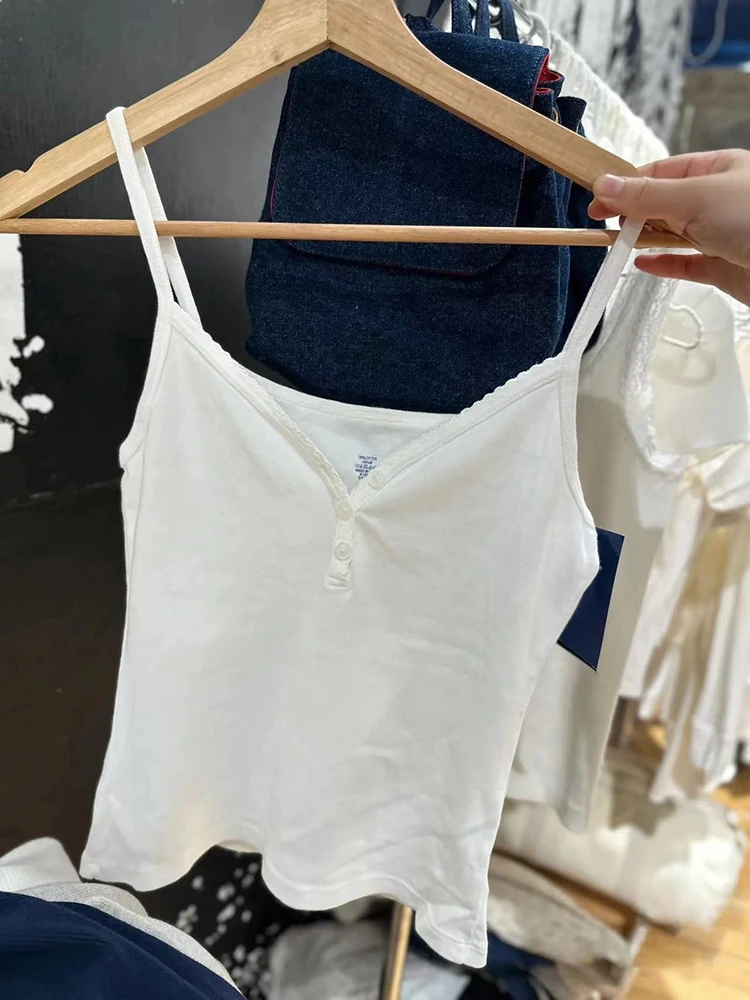 White Button Basic Slim Tank Tops Women Sweet Lace Trim V-neck Cotton Sleeveless Camisole Vintage Solid Cute Summer Crop Top Y2k