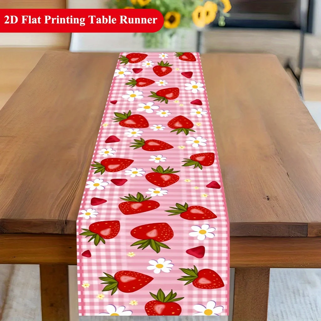 1 Piece Strawberry and White Flower Design Table Runner, Suitable for Farmhouse, Indoor, Kitchen, Celebrations, Table Decoration, Restaurant and Banquet Decoration Supplies