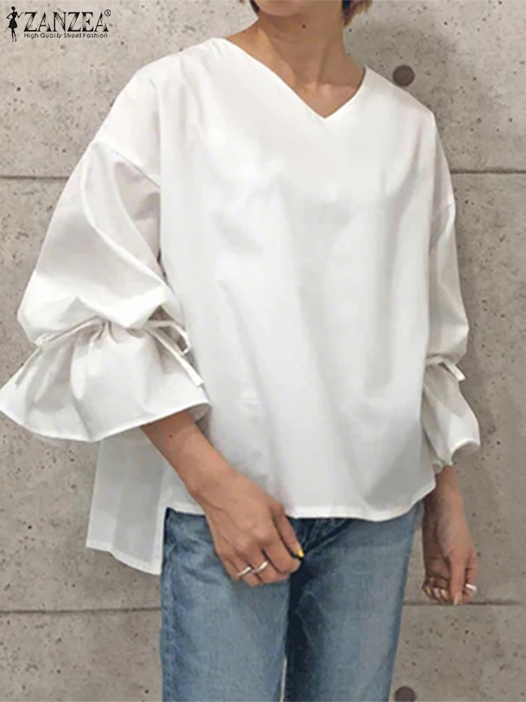 

ZANZEA, модная блузка, женские топы с длинными рукавами-фонариками, осень 2023, повседневные свободные туники на шнуровке с v-образным вырезом, однотонные Blusas S-3XL