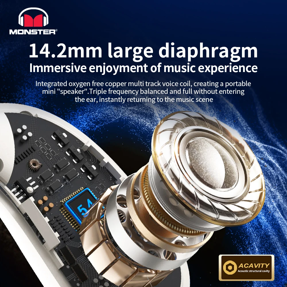 Monster AC330 OWS Drahtloser Bluetooth-Kopfhörer, HiFi-Sounds, hochwertige HD-Anrufe, Kopfhörer mit Mikrofon, Rauschunterdrückung, Ohrhörer, 8 Stunden Spielzeit