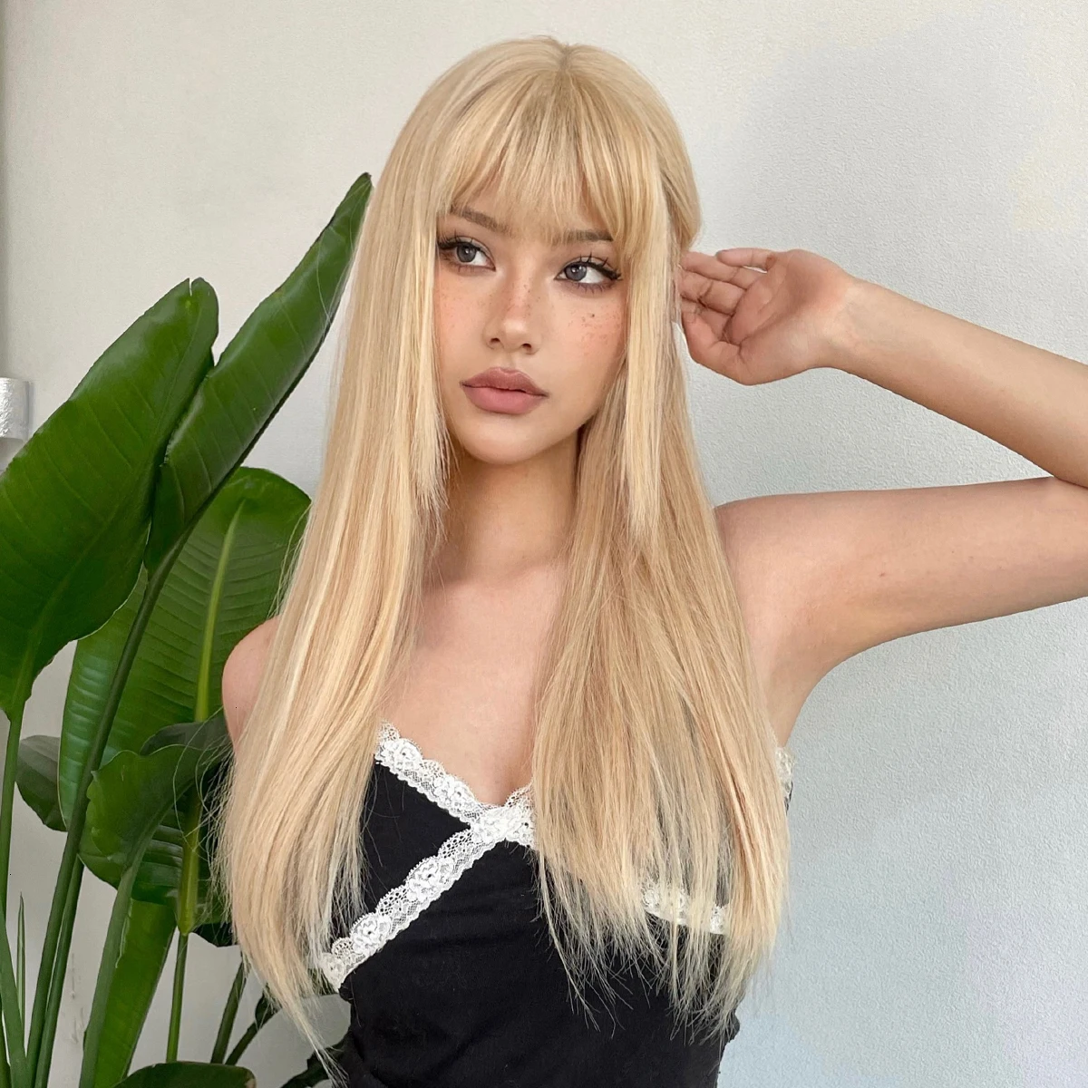 HENRY MARGU Long Straight Blonde Wigs Synthetic Natural Hair Wigs with Bangs for Women Lolita Cosplay Wig Heat Resistant Fiber