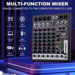 TKLBLS Professional 6-Channel 99DSP Audio Mixer 48V Phantom Power USB Studio Karaoke Bluetooth DJ Console Mixer