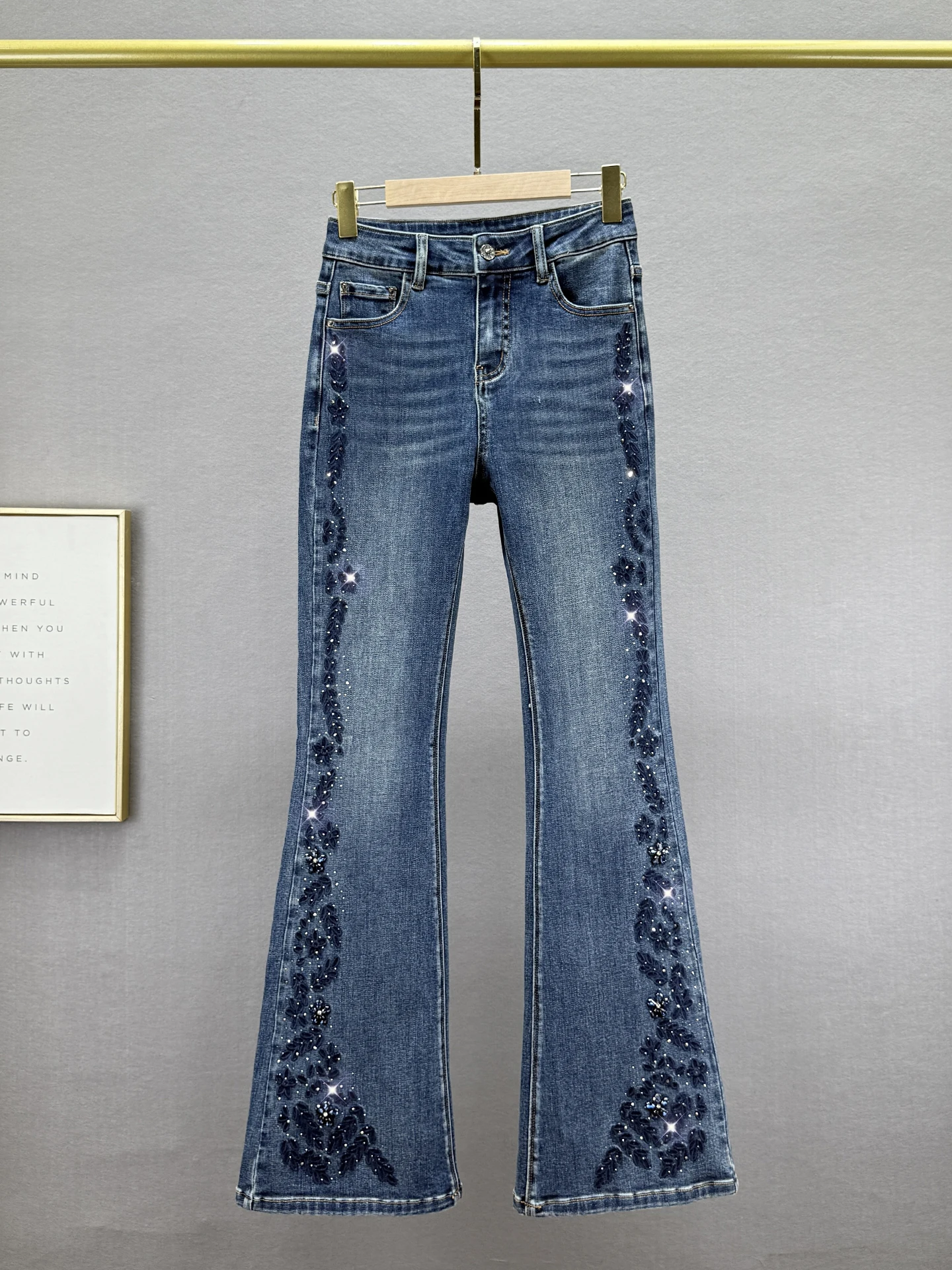 

Retro High Waist Slim Fit Denim Jeans Women's Autumn New Sle Rhinestone Ironed Old Blue Jeans Cotton Elastic Fabric