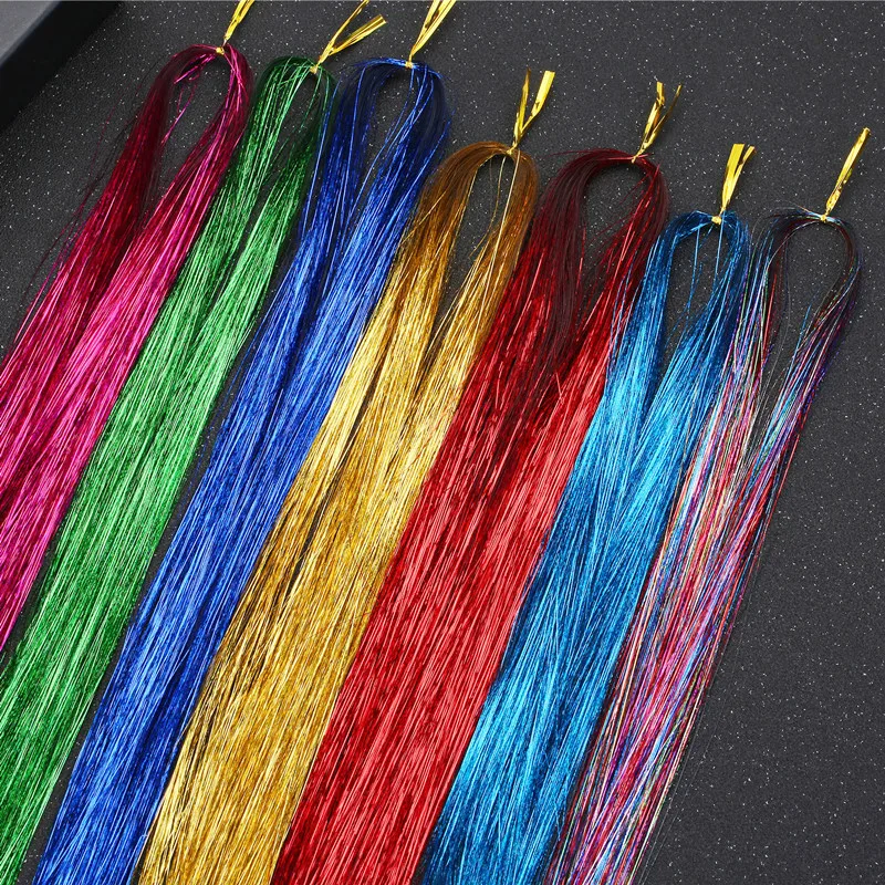 93cm 150 Stränge funkeln Haar Lametta Regenbogen farbige Strähnen Mädchen Kopf bedeckung Haar binge Seide Haar verlängerungen Dekor Glitzer streifen