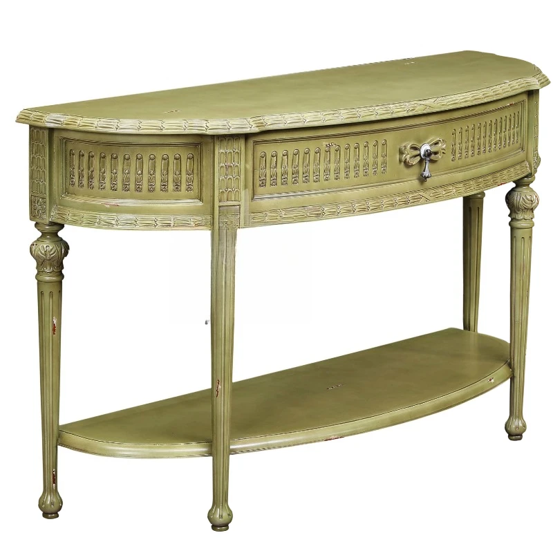 Antique half-moon porch table, faux sage green finish, carved drawers and grooved legs, porch cabinet