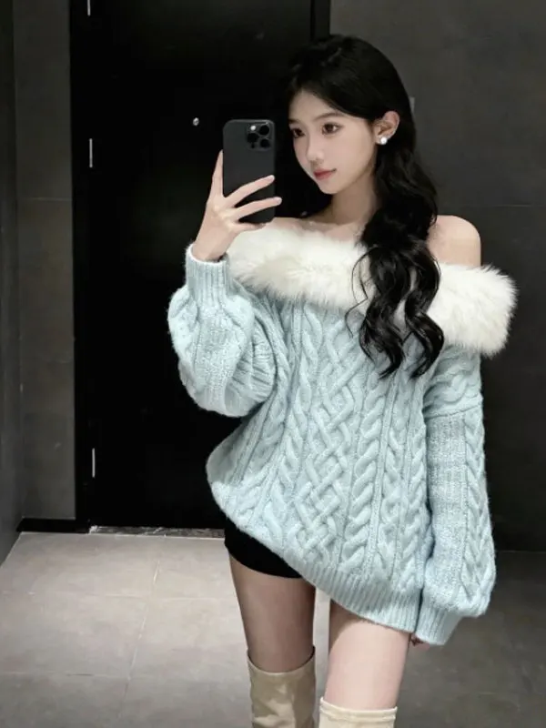 

French Sle Loose One-oulder Long Sve Sweater Ele Gentle Wind Faionable Winter Top for Women Ci Walk Street Sle