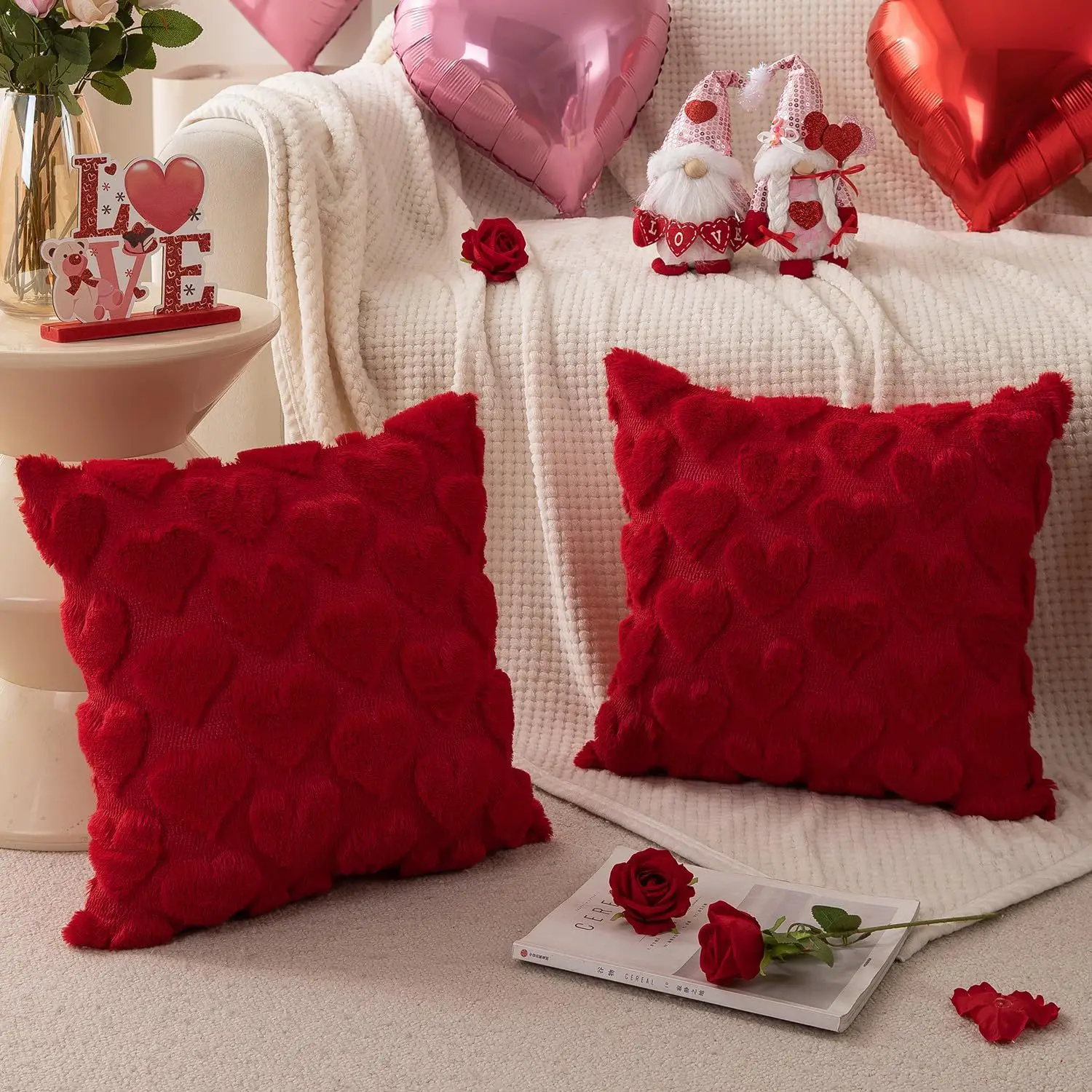Valentines Day Plush Pillow Cover Heart Embroidery Jacquard Cushion Living Room Sofa Festival Decorative Cushion Case