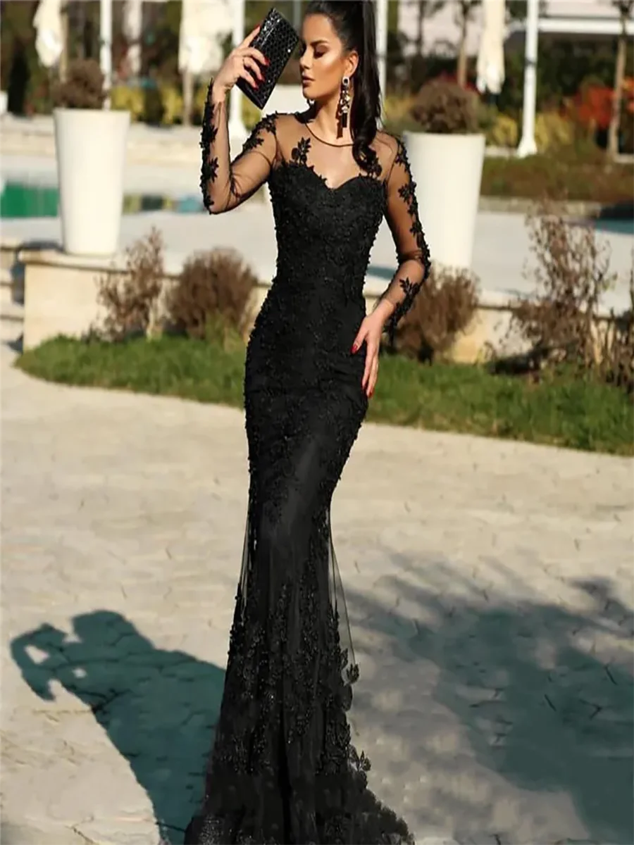 2021 Mermaid Black Lace Evening Dress Illusion Long Sleeve Sheer Neck Floor Length Trumpet Formal Occasion Prom Party Gown Custo