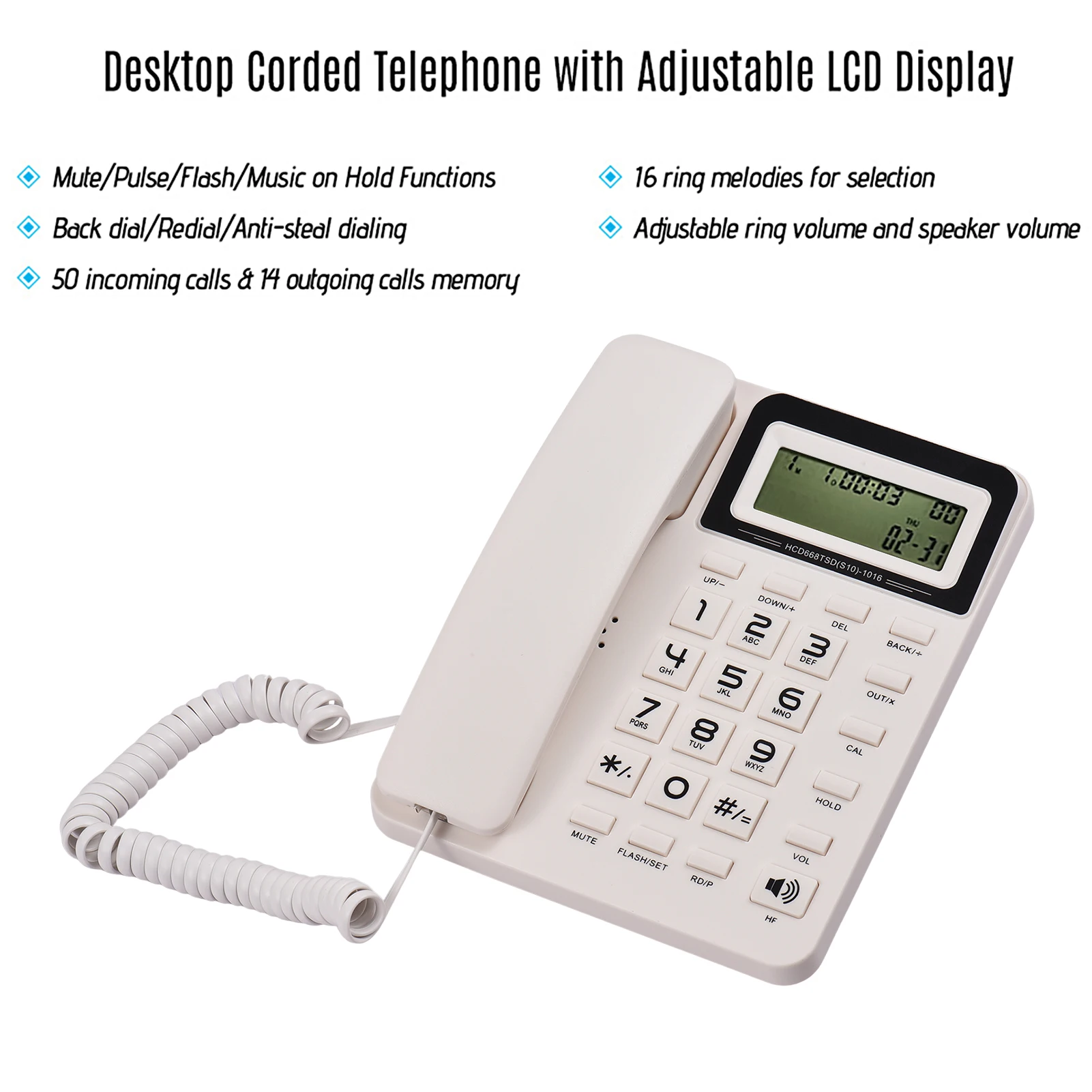 Desktop Corded Landline Phone Fixed Telephone with LCD Display Mute/ Pause/ Hold/ Flash/ Redial/ Hands Free/ Calculator