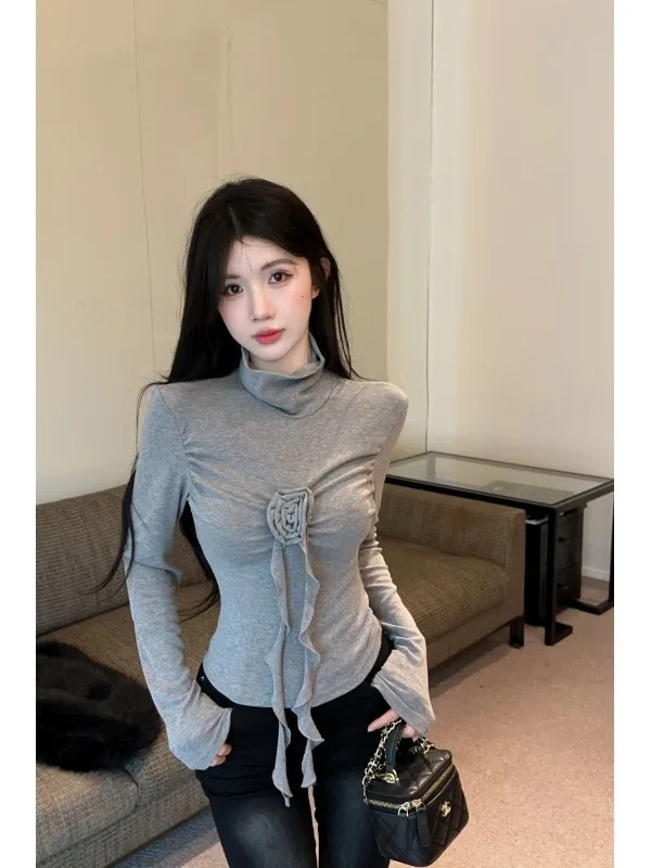 

Unique Style 3D Flower Sash Slim Fit Long Sleeve Half High Collar Women's Base Shirt Trendy Autumn Top Nicole Rose Brand