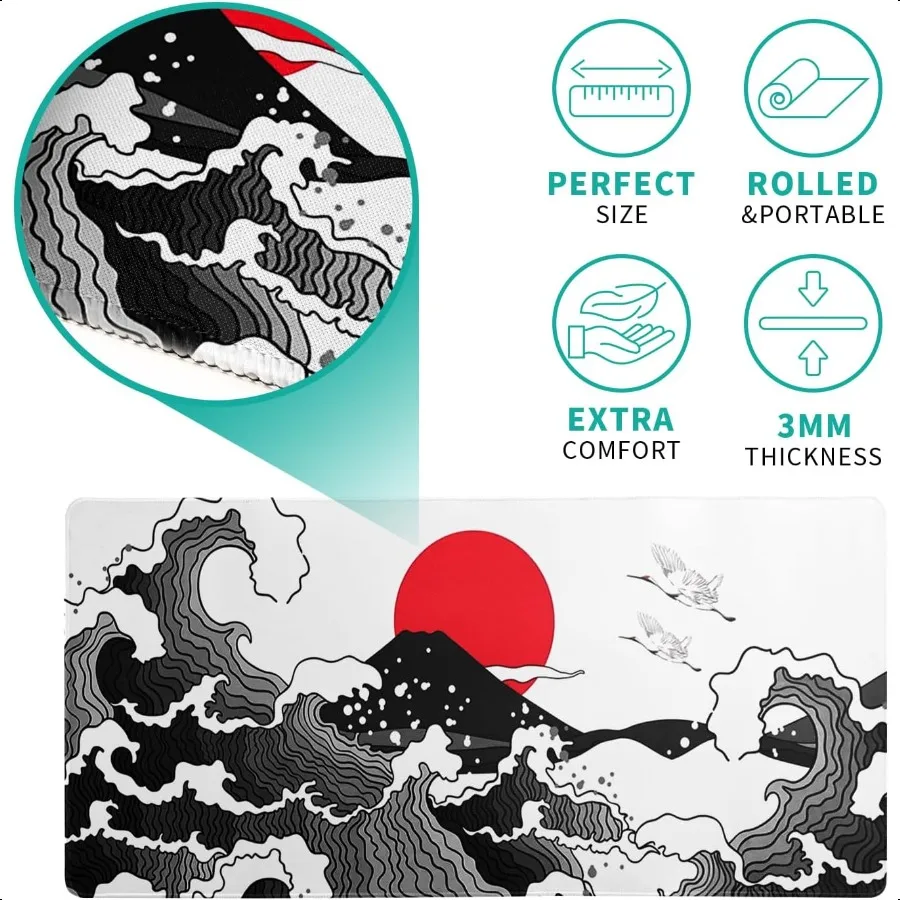 Podkładka pod mysz Japanese Red and Black Wave Gaming Mouse Pad Extended Large Mouse Mat Desk Pad Sea Texture NonSlip Rubber Base Wave Mousepad St