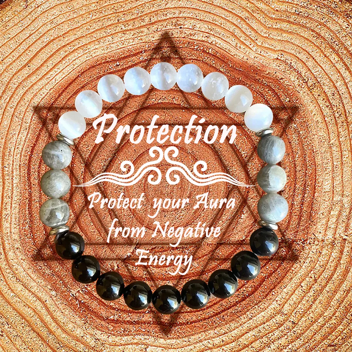 Natural Stone Bead Protection Bracelet Black Tourmaline Selenite and Labradorite Bracelet 8mm Gemstone Bracelet