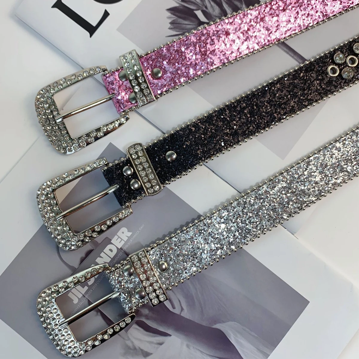 Y2K Women's Rhinestone Pin Buckle Belts Female Punk Rock Street Belts Pink Blue Glitter Waistband Western Fashion Accessories