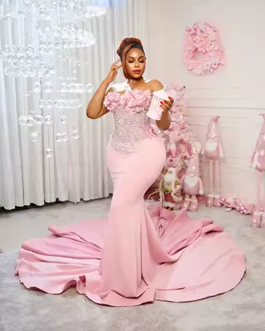 Elegant Pink Satin Strapless Prom Dress Mermaid Sleeveless Evening Dress Crystal 3D Flower Special Occasions Gowns Customized