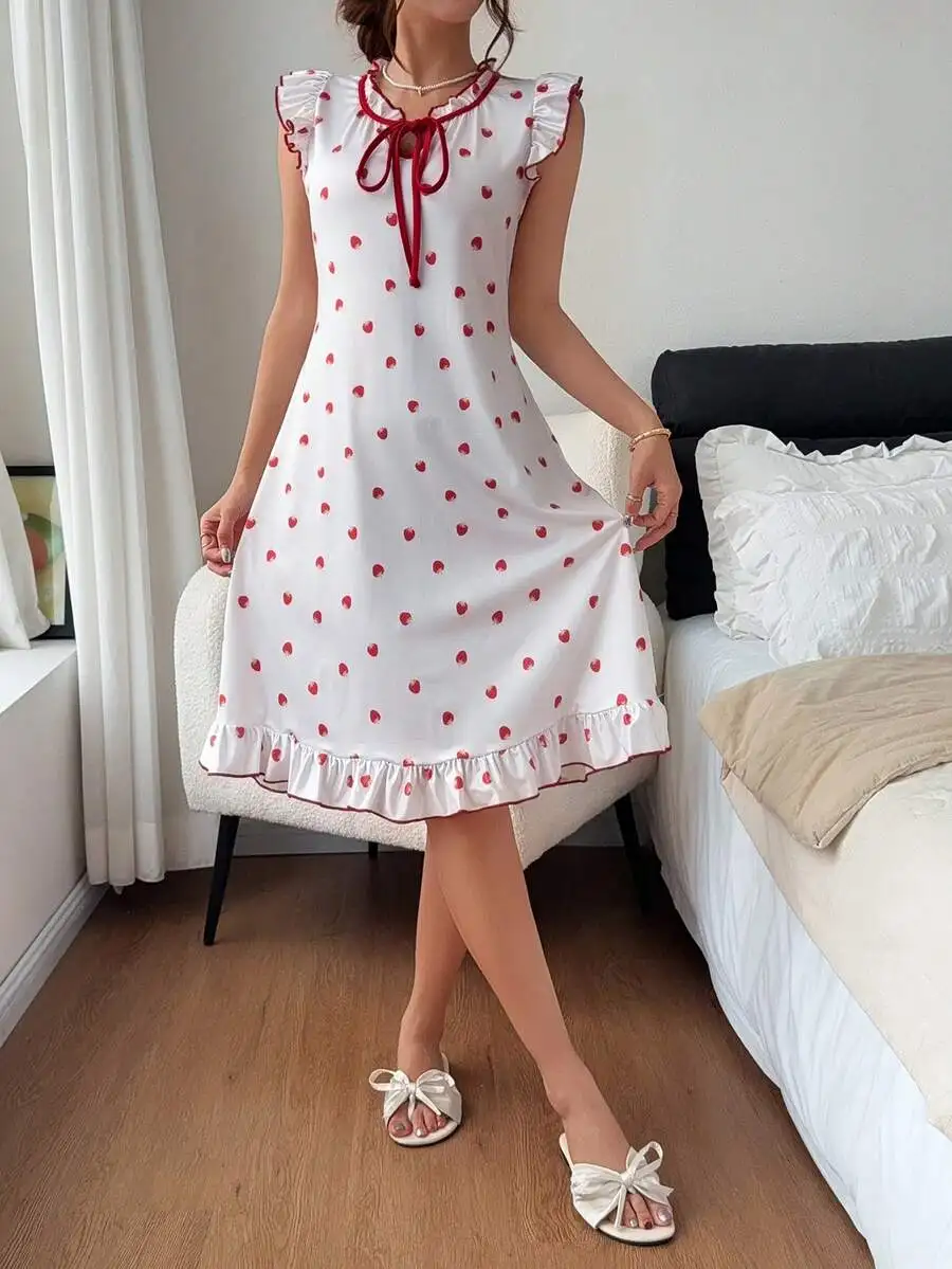 

Womens Strawberry Print Frill Trim Nightgown With Ruffle Sleeve And Tie Neck