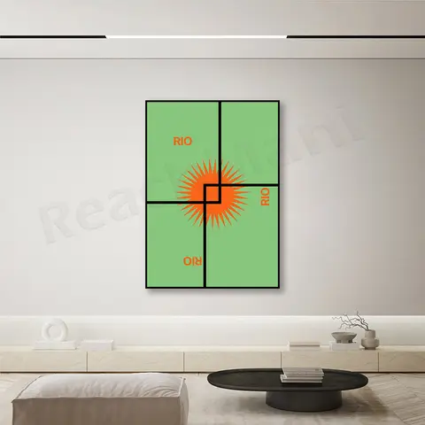 Pôster RIO com layout de arte solar, estilo minimalista de meados do século, decoração de interiores dos anos 60, presente de designer, estampa verde e laranja