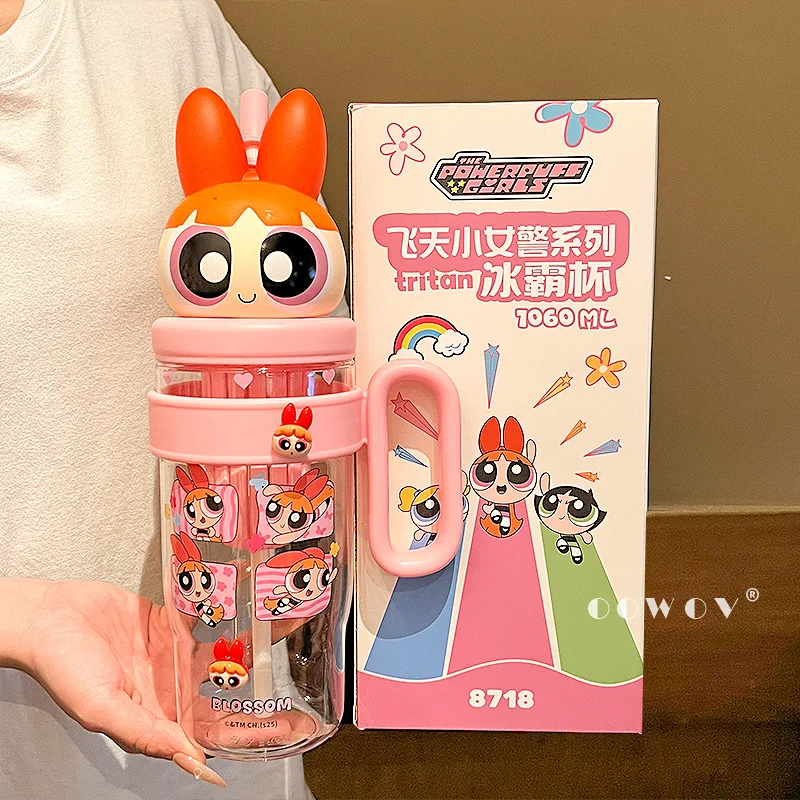 زجاجة مياه لموسم الفتيات من Powerpuff 2025 نموذج جديد كوب بقشة مع حجرة شاي كوب بلاستيكي للثلج كينغ هدايا المهرجانات أنيمي