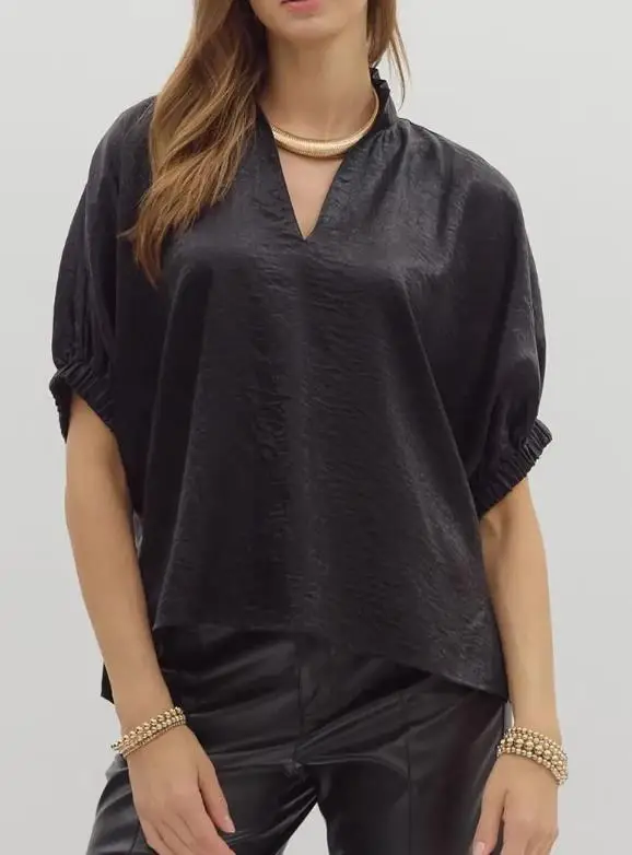 

Summer New Fashion Trend Personalized Style Solid Color V-Neck Bright Silk Fabric Loose Bubble Sleeve Design Women's T-Shirt