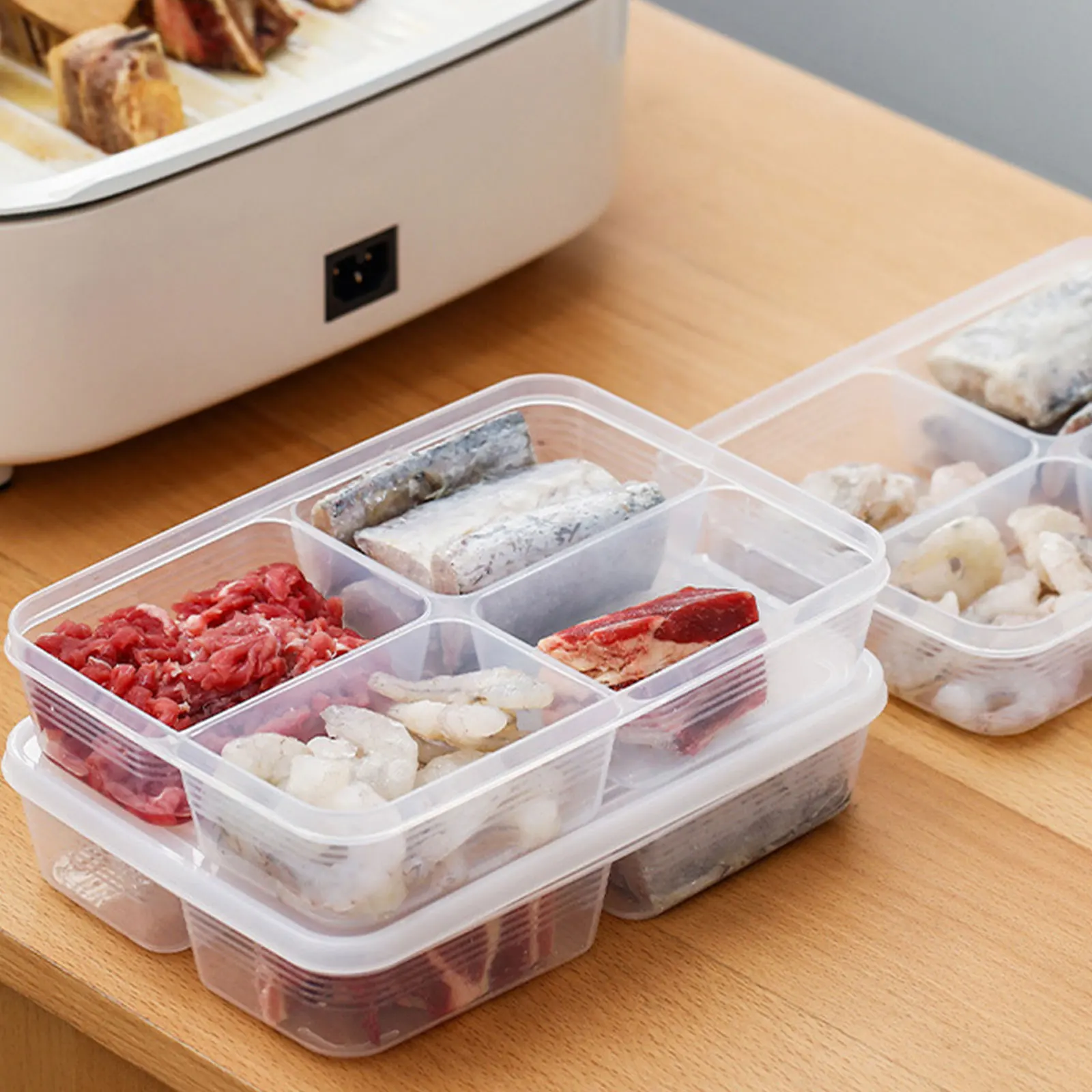 4 Compartment Meal Prep Containers with Lids Bento Snack Food Storage Box Plastic Stackable Reusable for Meat Fruit Seasoning