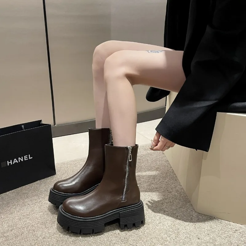 Brand Women Shoes 2023 Winter Plush Warm Women's Rider Boots New Design Chunky Heel Platform Brown Long Boots Zapatos De Mujer