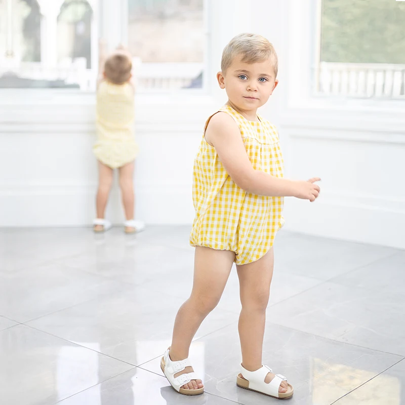 Ali Plus SS25 conjunto de verão gingham amarelo e branco com ponto vermelho meninas vestido macacão de bebê meninos top e calças e conjuntos de crianças pequenas