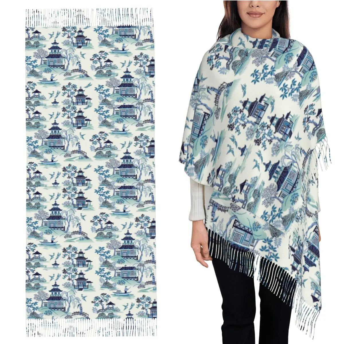 

Шарф в стиле шинуазри с голубой ивы, шарфы с кисточками для женщин, мягкие теплые шали и накидки, длинная осенне-зимняя шаль