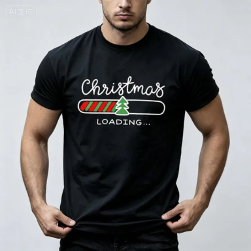 Christmas Loading Graphic Men Women T‑Shirt Xmas Tree Progress Bar Print Short Sleeve O‑neck Casual Holiday Tops Tees