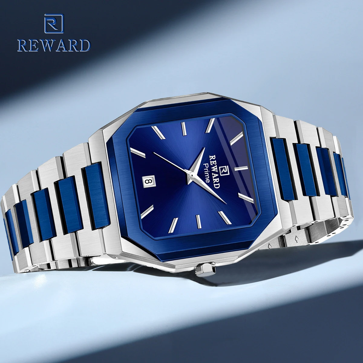 REWARD Reloj de pulsera de cuarzo para hombre, cuadrado, de acero inoxidable, con esfera azul real y calendario de fecha, resistente al agua hasta 30 m