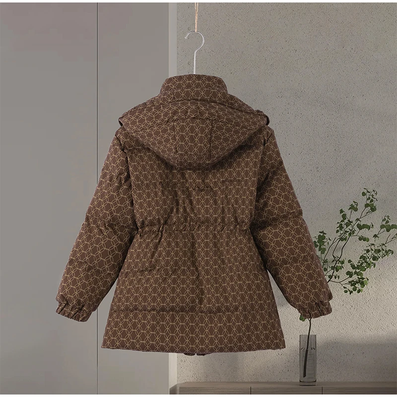 Upgraded Thickened Allover Printed Mid Length Padded Coat Stand Collar Drawstring Waist Windproof 2026 Winter Women Outer Jacket