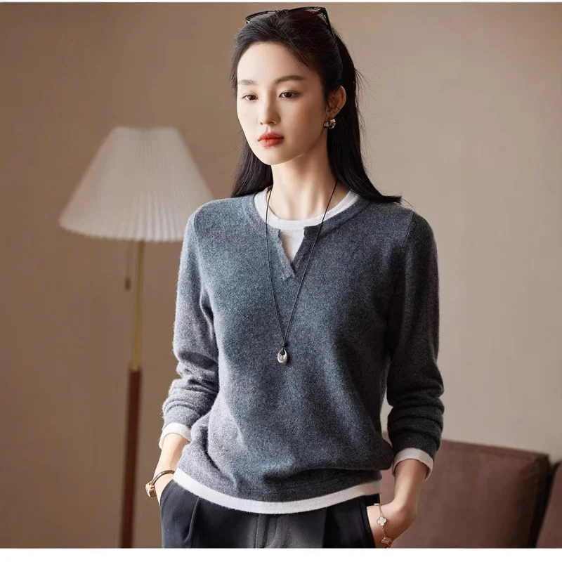 

Early Spring New Round Neck Two-Piece Wool Knitted Women'S Sweater Long Sleeve Pullover Base Shirt Top